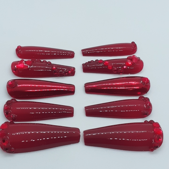 Red Chrome Rhinestones Press on Nails - Picture 5 of 5